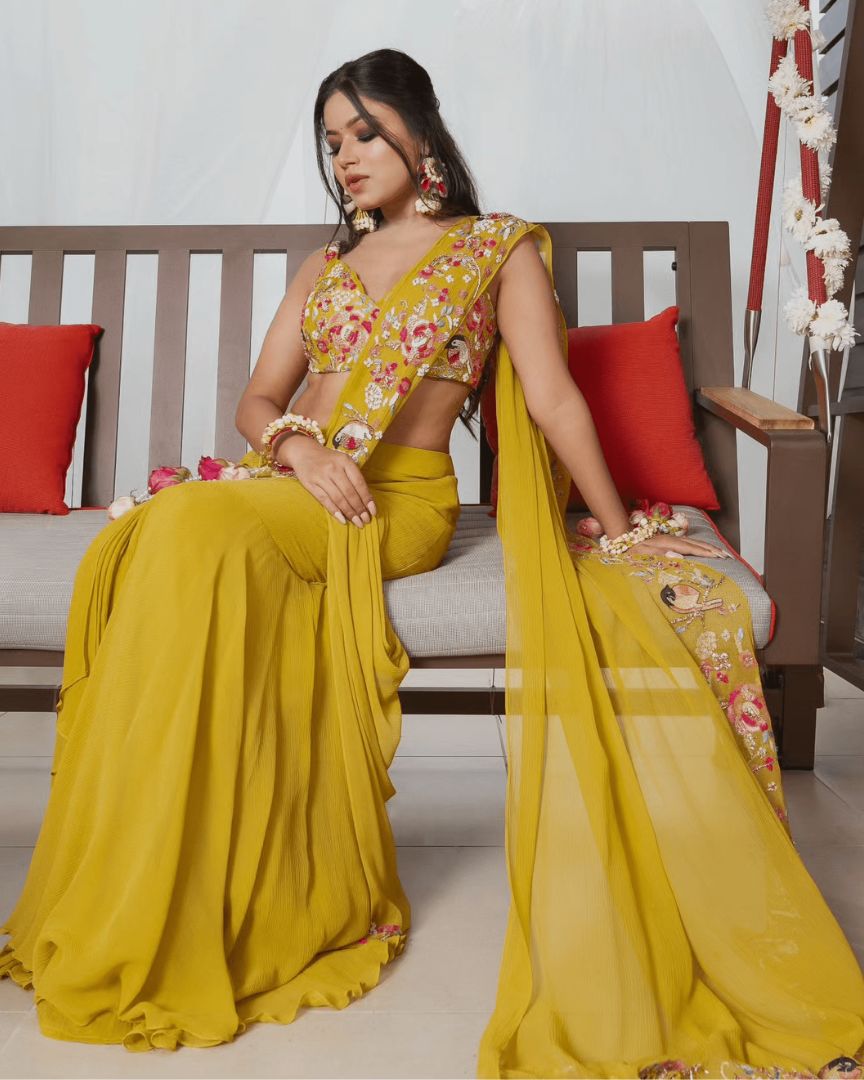 Mustard yellow drape saree