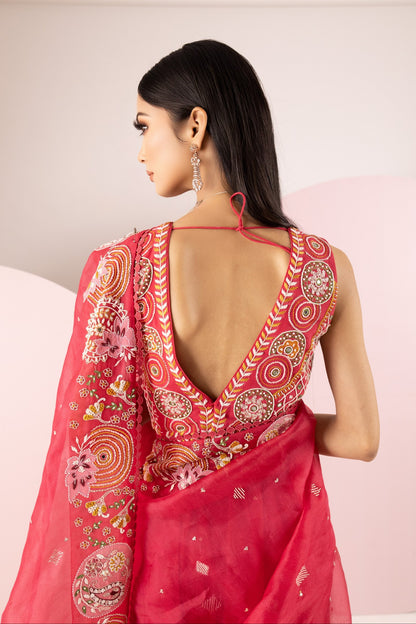 Cherry Red Organza Saree