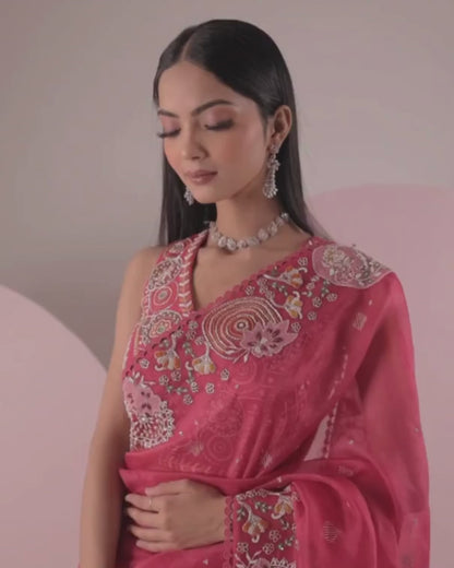 Cherry Red Organza Saree
