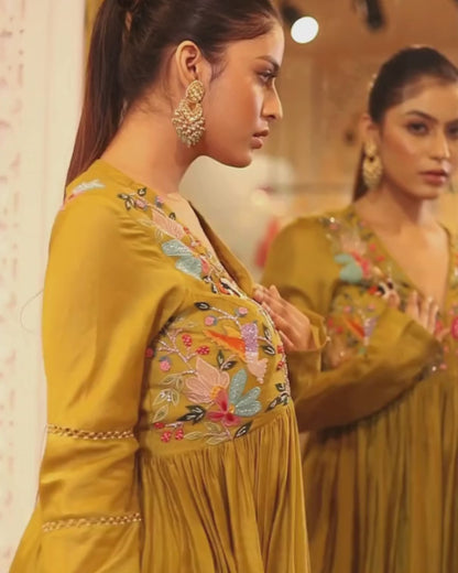 Mustard yellow applique anarkali